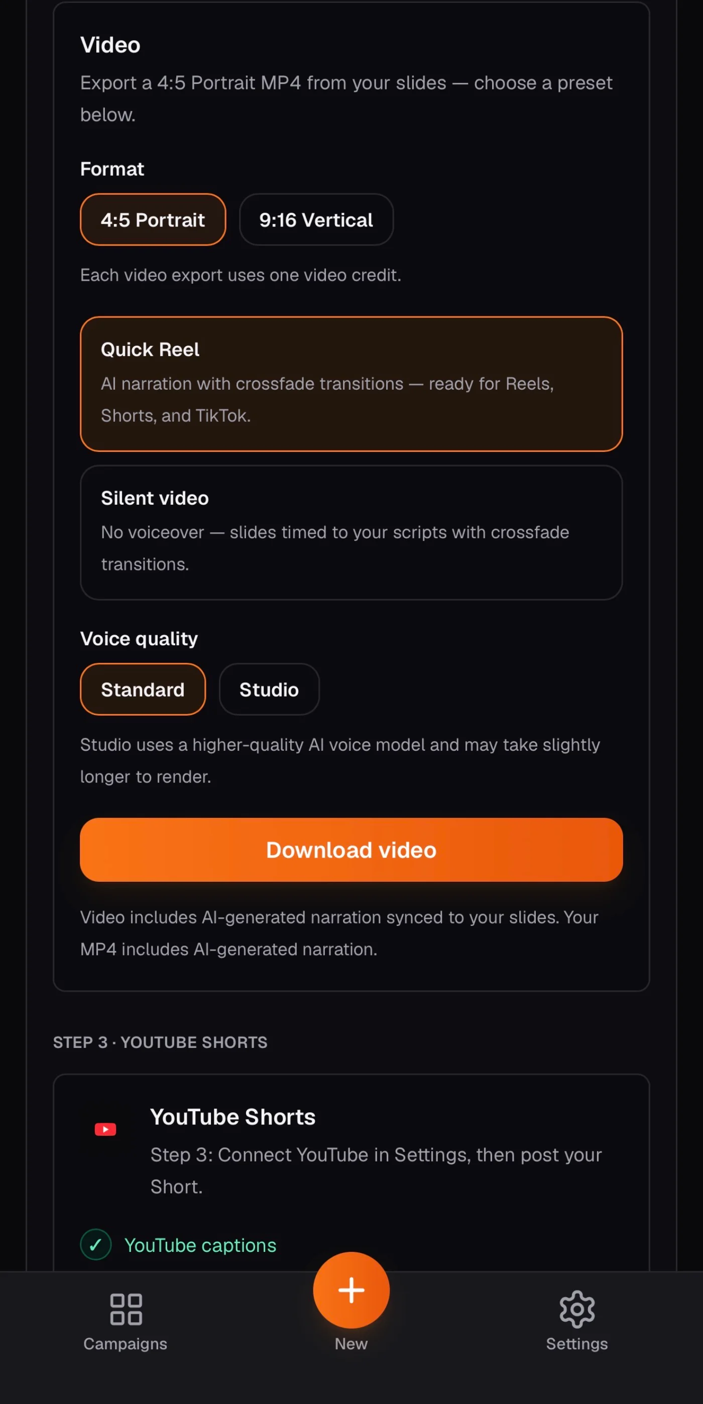 SlidePress publish screen with captions and export options