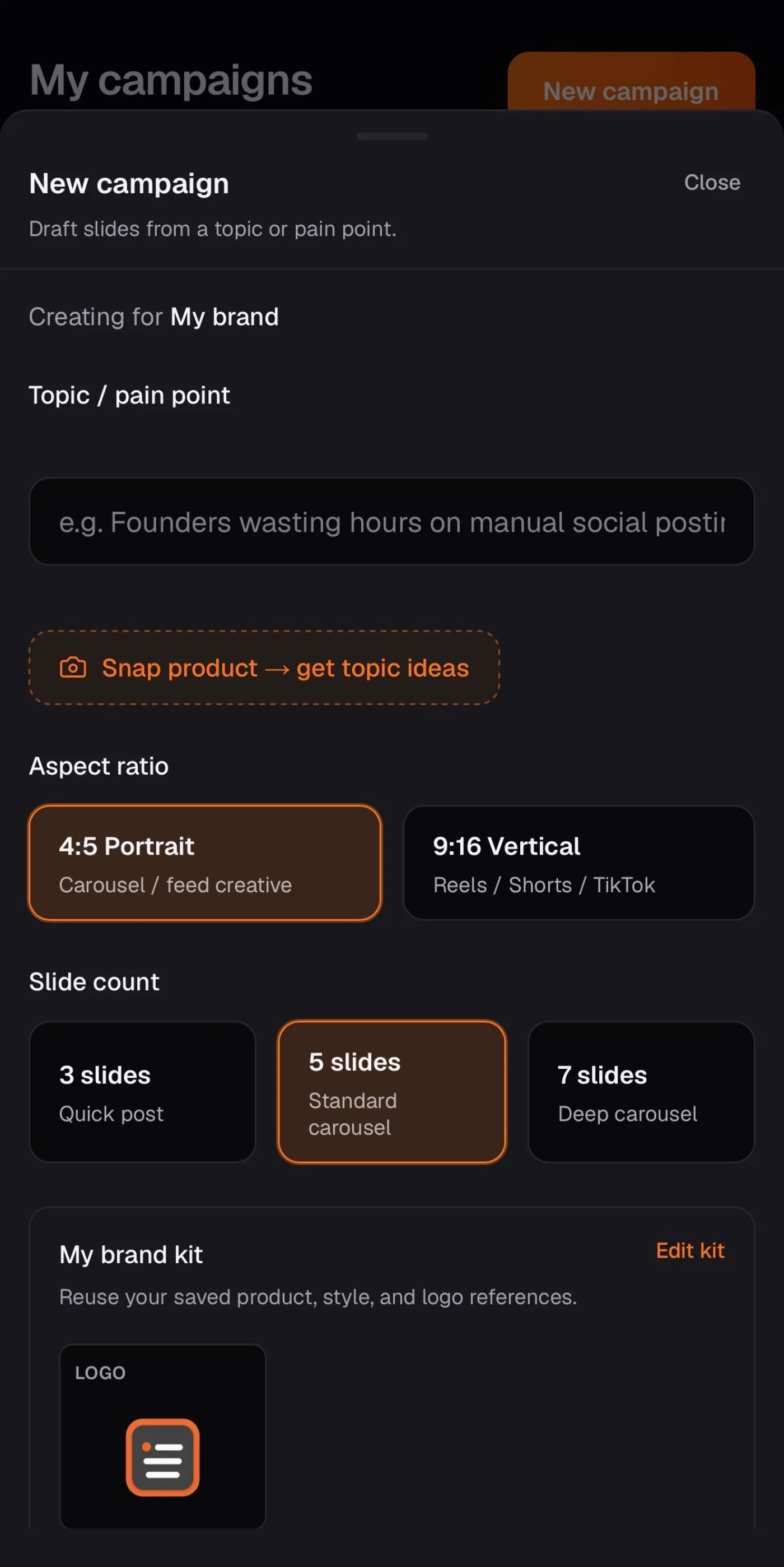 SlidePress new campaign screen with topic and format options